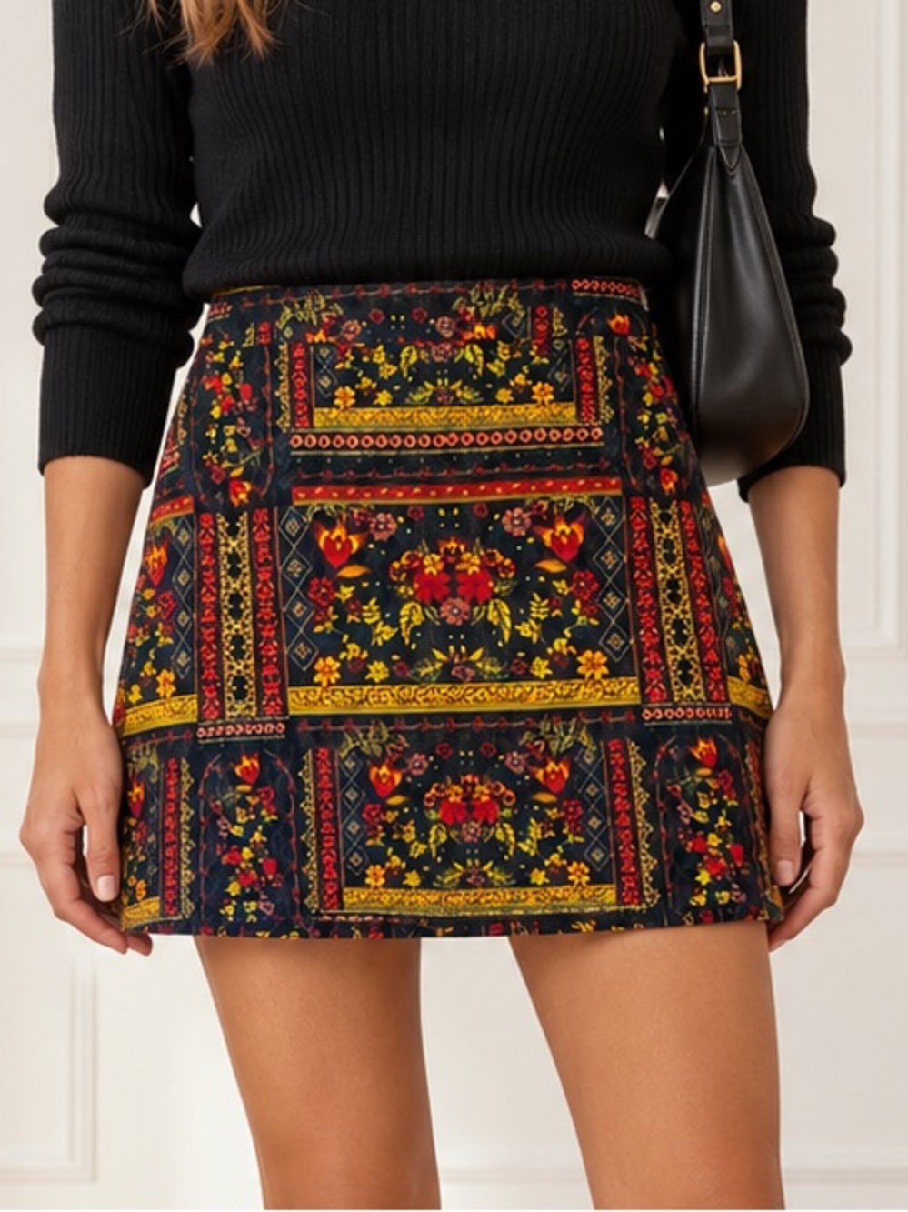 H&M x Coachella Floral Tapestry Mini Skirt US 6 Black Red Yellow Festival Boho